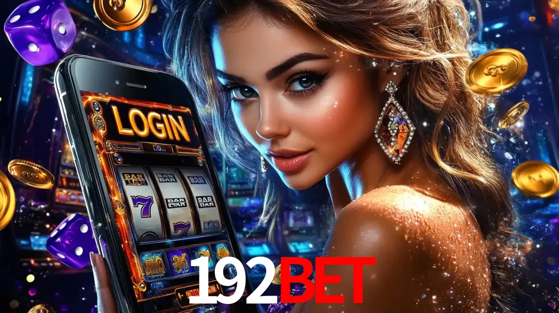 Mulher glamorosa segurando um smartphone com a tela de login para os jogos de caça-níqueis do cassino online 192BET, com moedas de ouro e dados ao redor.