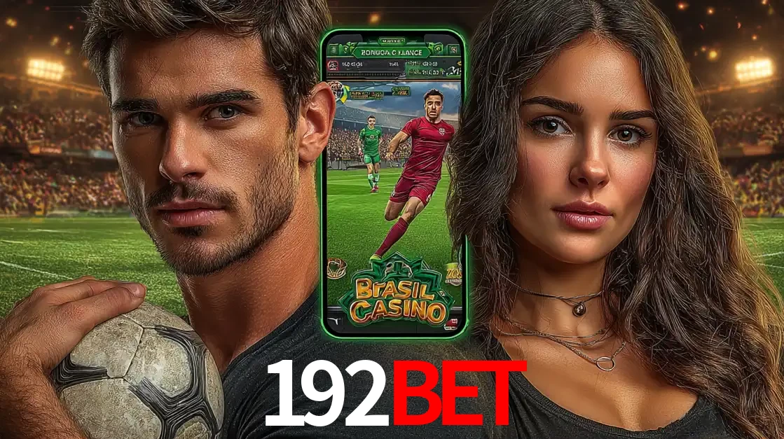 Homem segurando uma bola de futebol e uma mulher ao lado de um smartphone exibindo o jogo de apostas esportivas da 192BET. Faça seu palpite no cassino online.